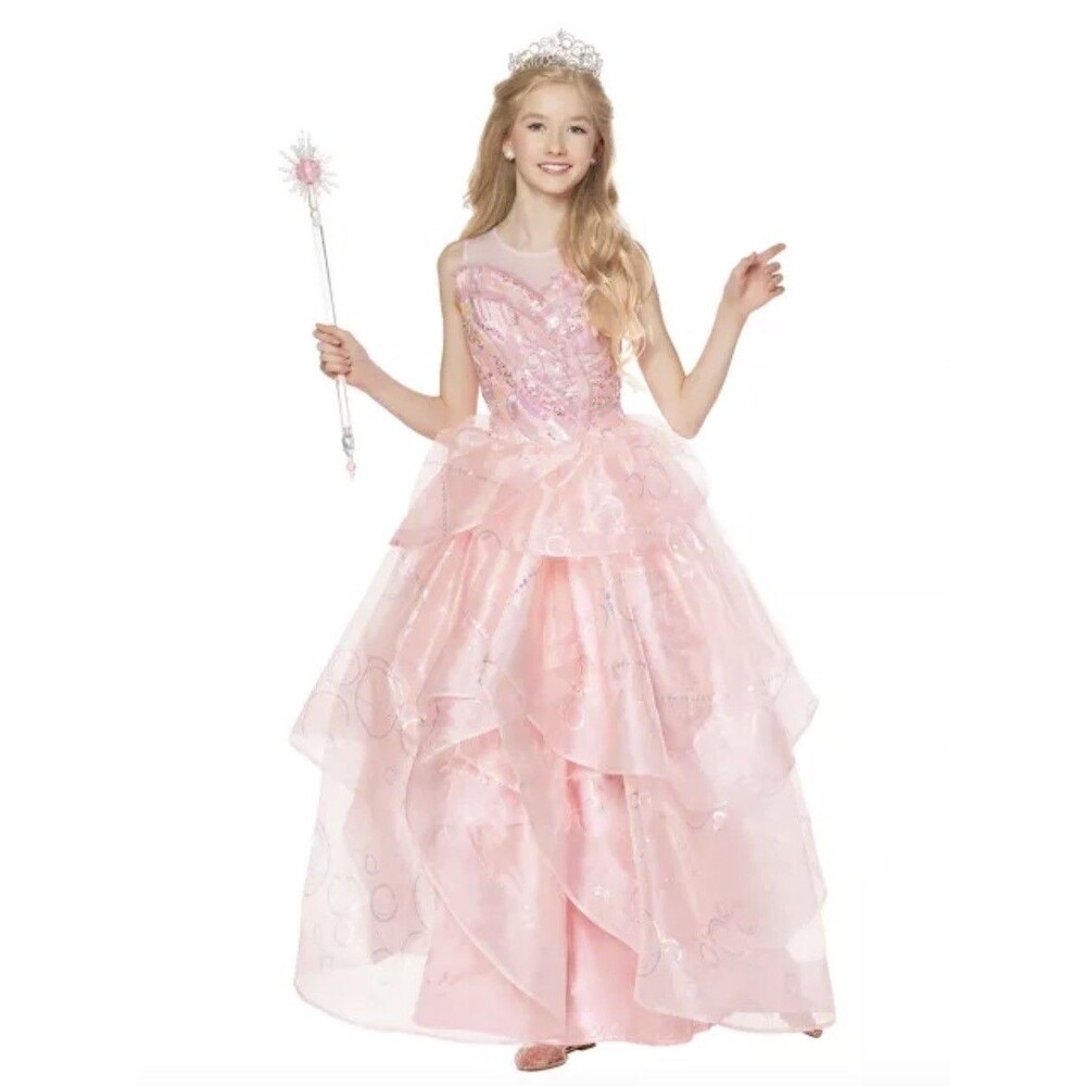 Spirit Halloween Girl Large 12-14 Wicked Glinda Deluxe Costume Pink Dress Crown - Picture 4 of 4